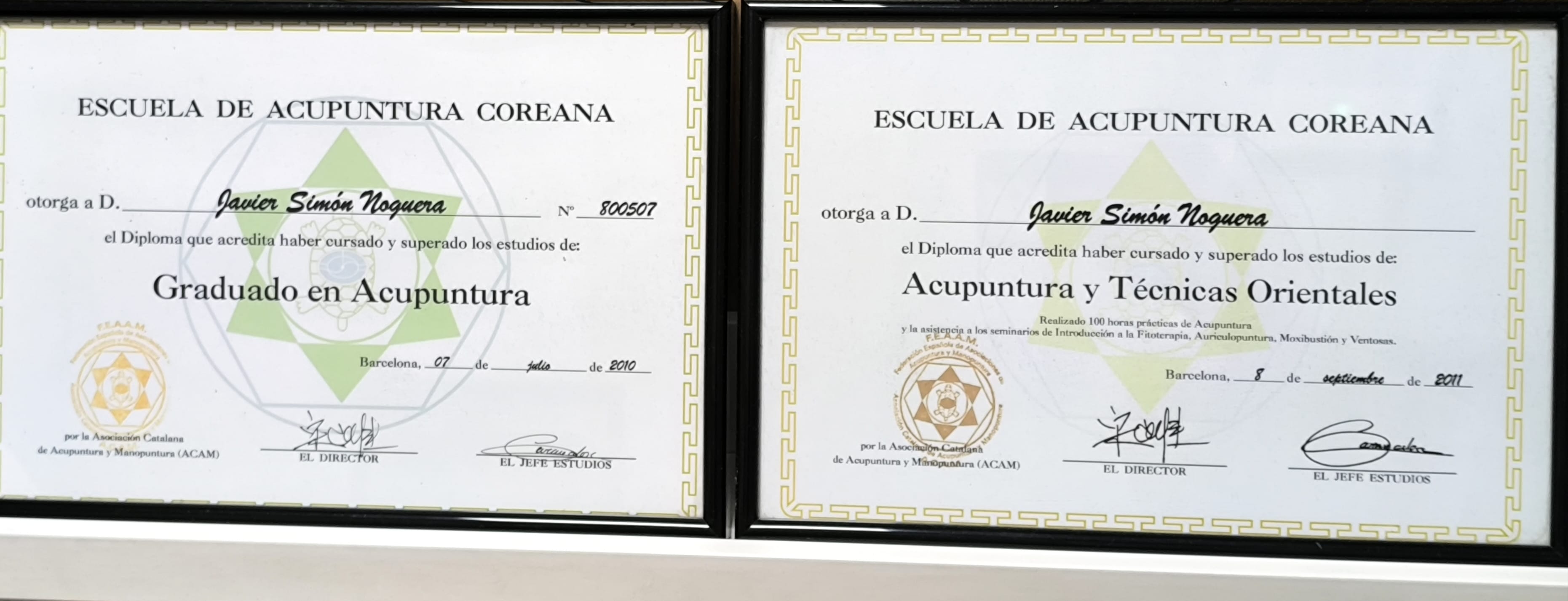 Diplomas de Acupuntura Coreana de Javier Simón