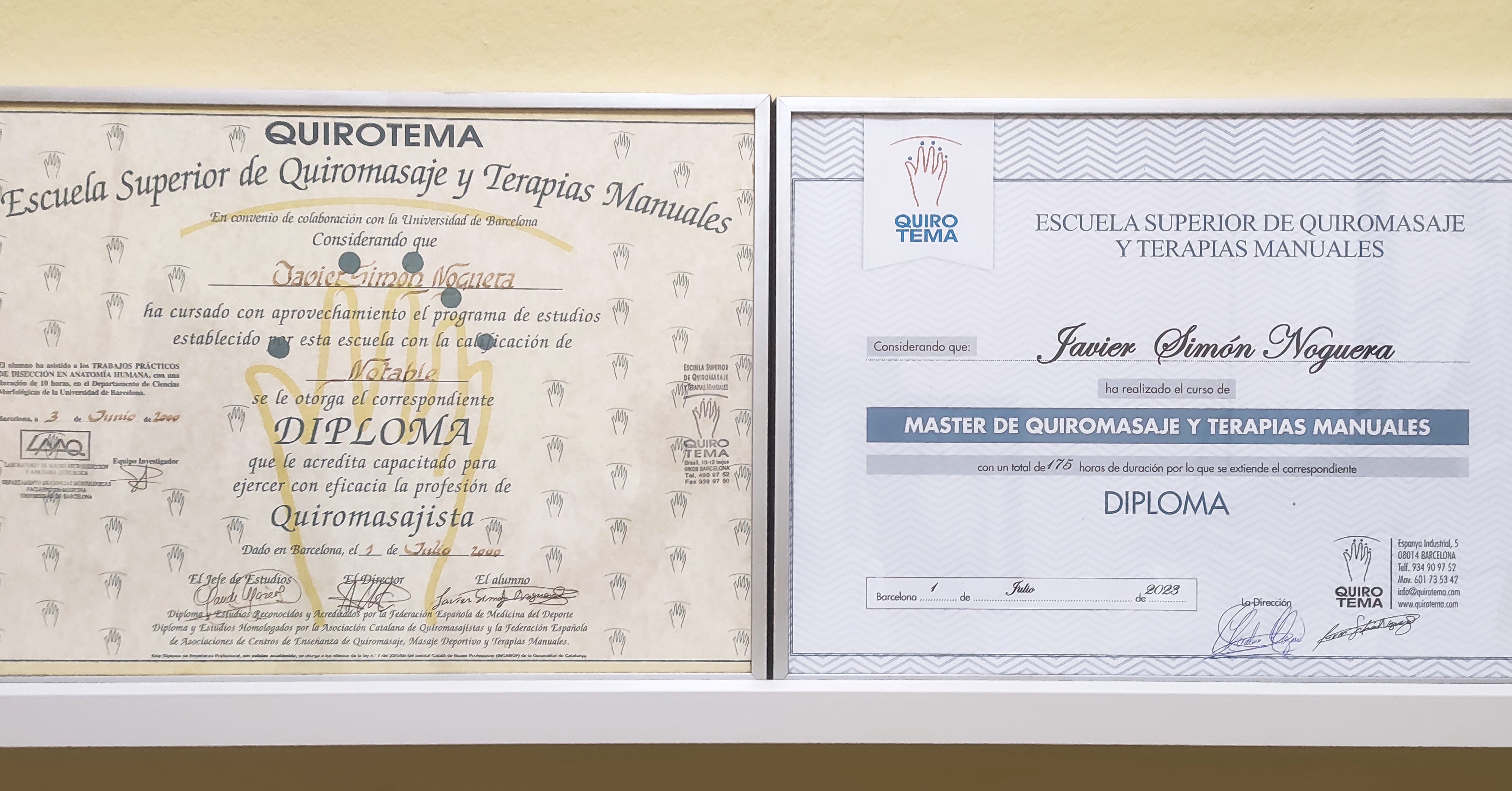 Diplomas de Quiromasaje de Javier Simón